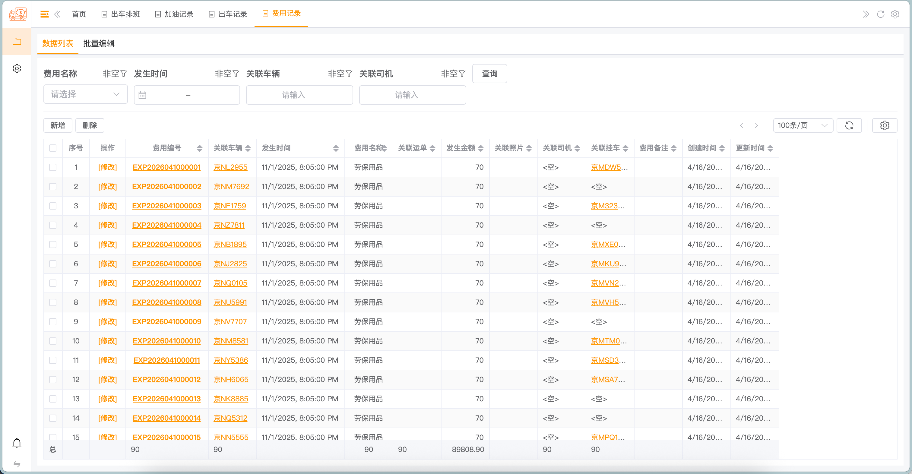 费用登记 - 数据列表