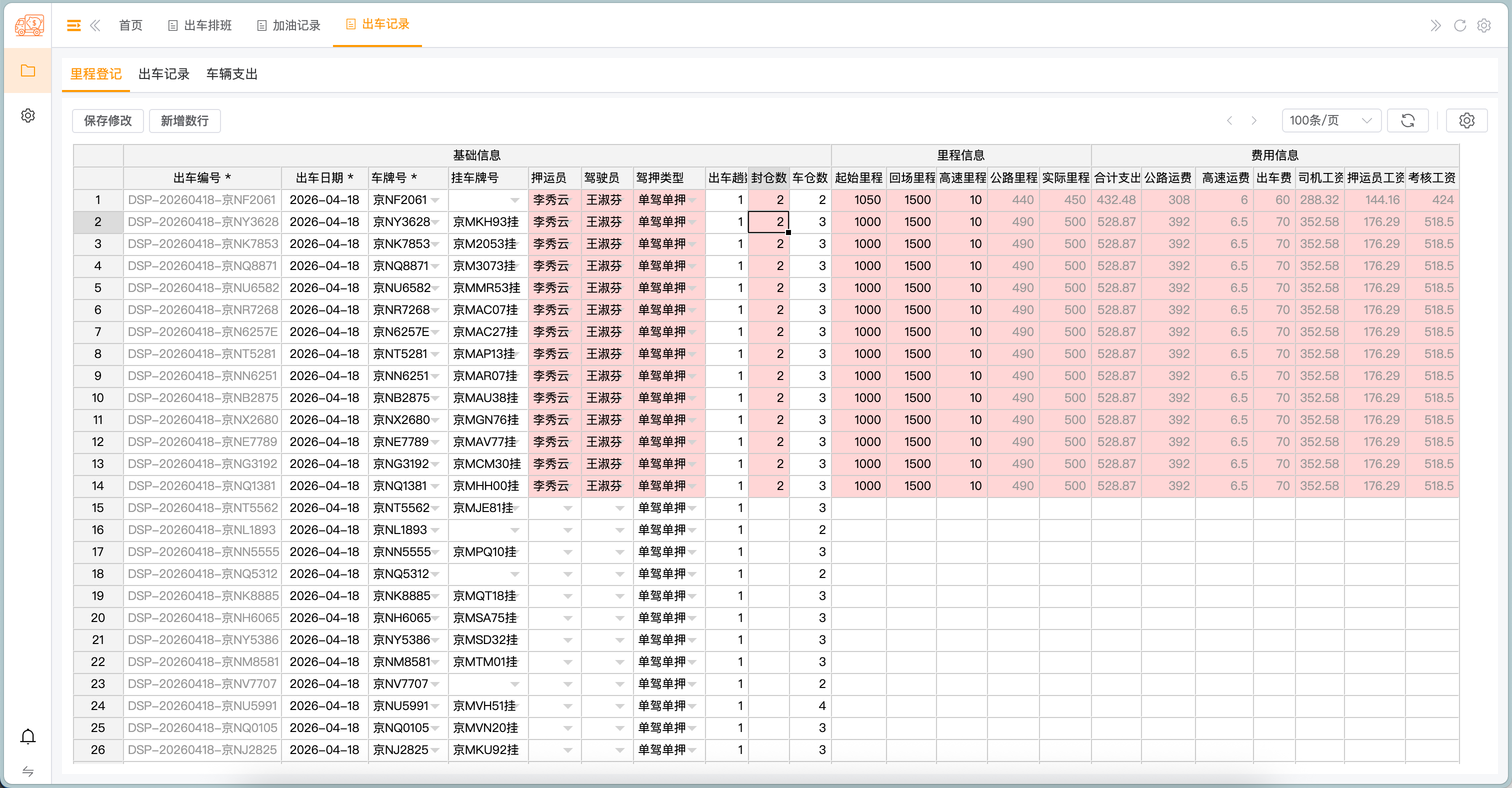 出车记录 - 里程登记