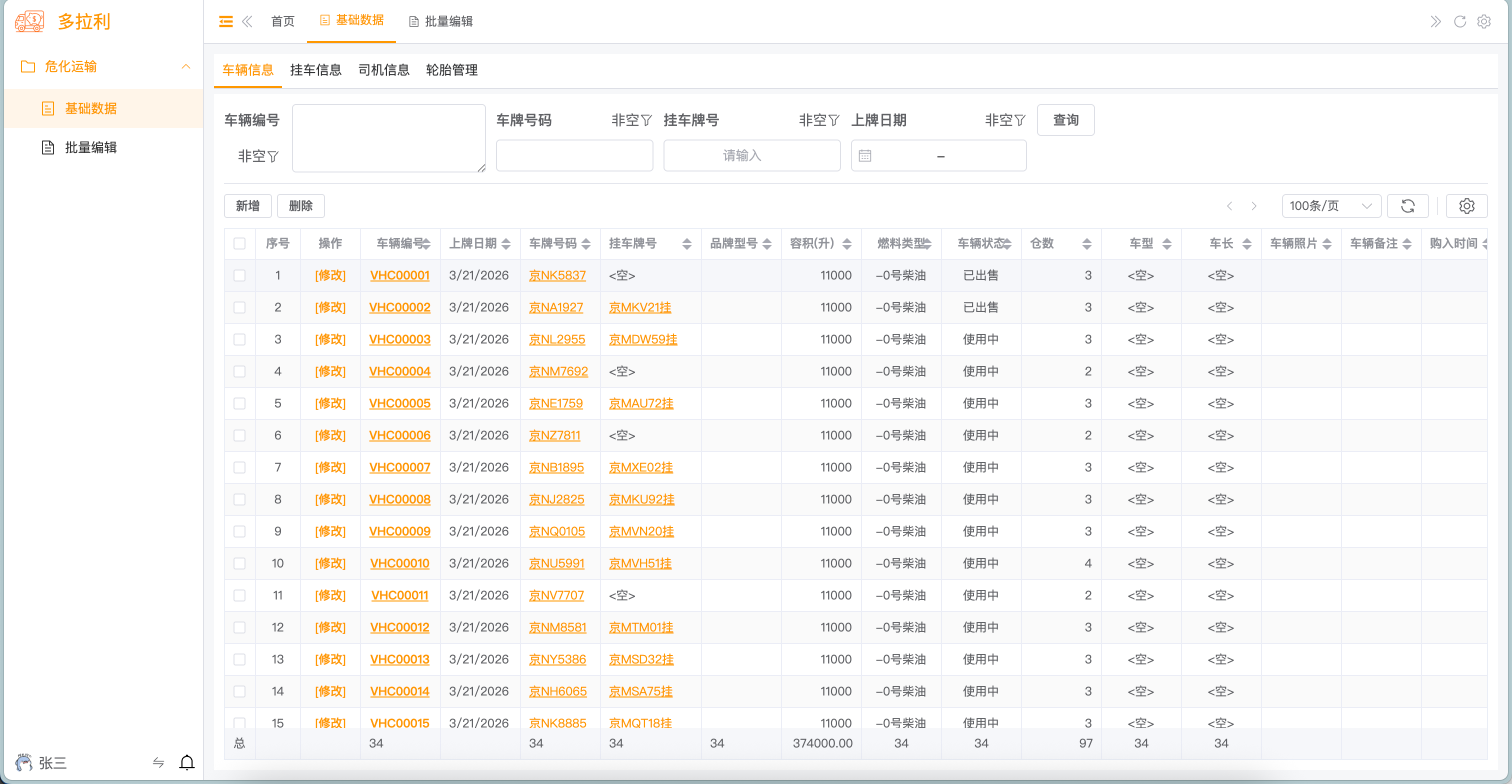 车辆信息 - 数据列表（含查询与表格）
