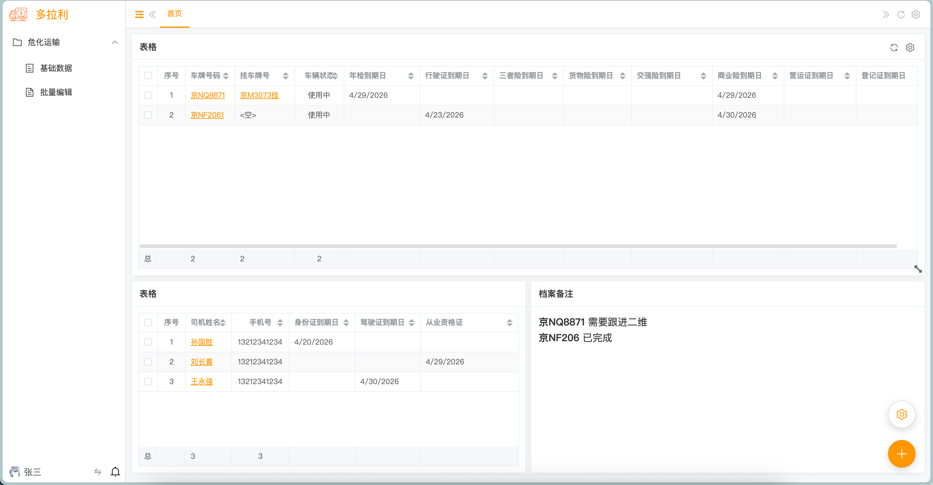 车辆信息 - 提醒看板（多车到期与司押、备注）
